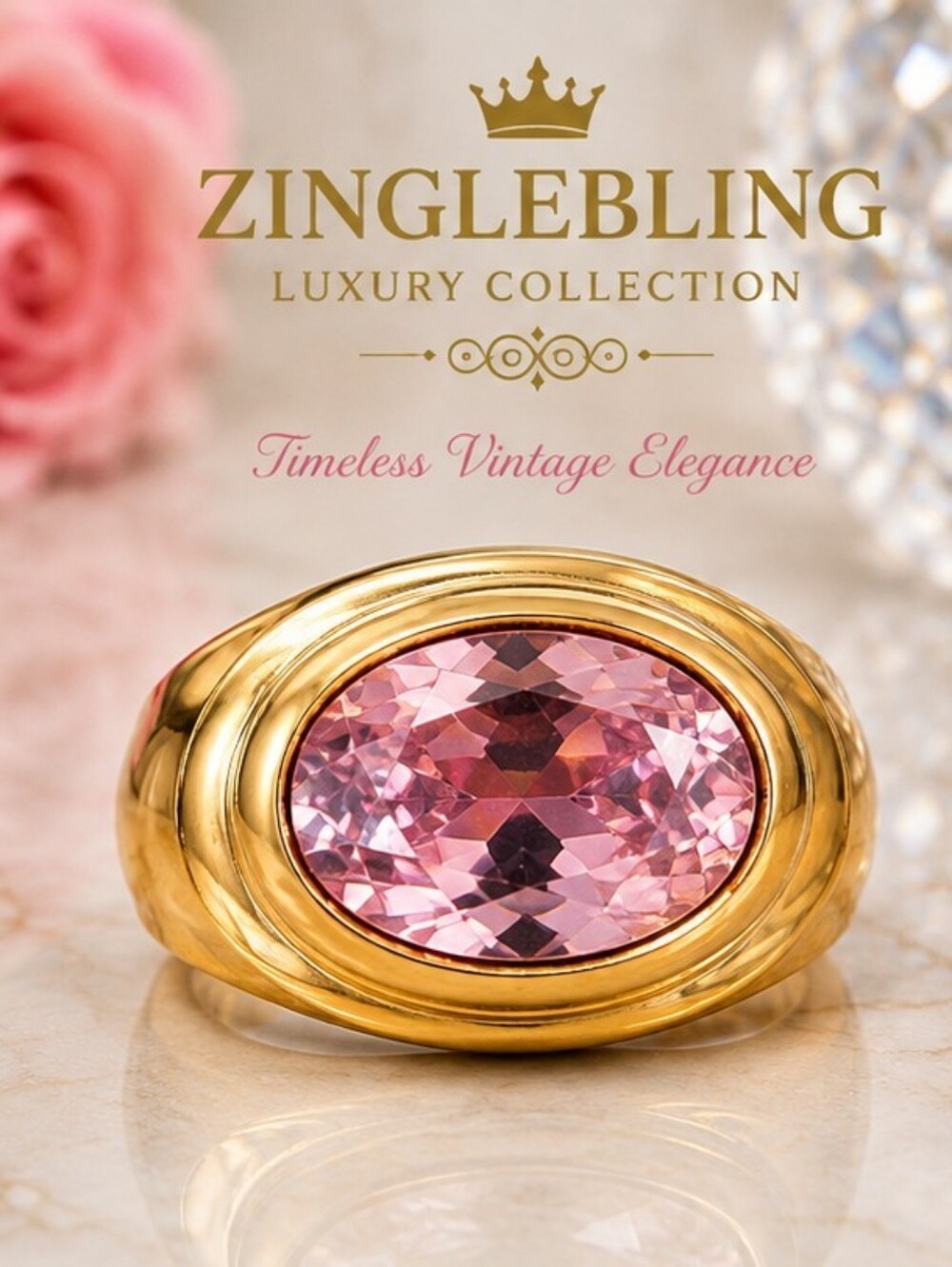 Vintage 1993 Pink AAA+ CZ Gold Plated East West Statement Ring Size 7.5